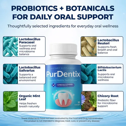 Vista 5 de PurDentix Probiótico para la salud oral, fórmula de 4 cepas para encías, dientes y aliento fresco saludables, 30 tabletas masticables