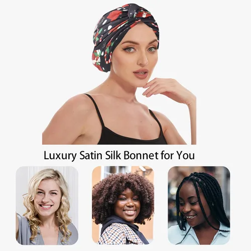 Vista 112 de Gorro de satén de seda ajustable para envolver el cabello para dormir, gorro de dormir de doble capa, turbante nocturno para cabello largo y rizado