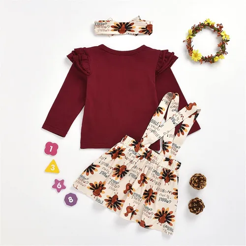Vista 4 de TBUIALL Conjunto de ropa de Halloween para niña pequeña, Acción de Gracias, para niños y niñas, manga larga con volantes, color liso