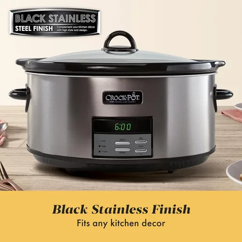 Vista 3 de Crock-Pot Olla de Cocción Lenta Programable Grande de 8 Cuartos con Ajuste de Calentamiento Automático, Acero Inoxidable Negro
