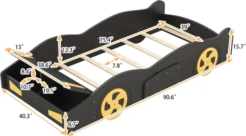 Vista 2 de Harper & Bright Designs Cama de plataforma en forma de auto de tamaño individual con almacenamiento y ruedas, cama individual para niños, marco