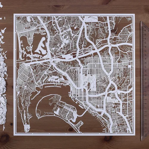 Vista 5 de O3 Design Studio San Diego, CA Paper Cut Map Matted Grey 20x20 in Paper Art