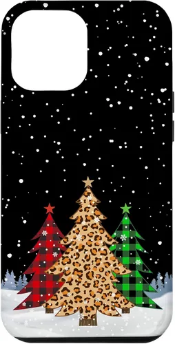 Vista 25 de iPhone 16 Árboles de Navidad con estampado de leopardo y cuadros