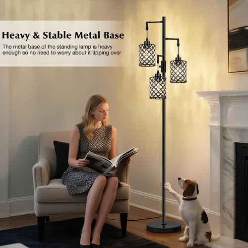 Vista 3 de Lámparas de pie de cristal GyroVu para sala de estar, lámpara de pie negra de 3 luces, lámpara alta de pie con elegante pantalla de cristal K9