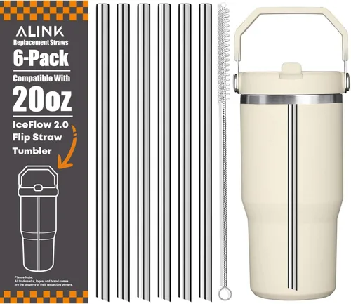 Vista 12 de ALINK - Paquete de 6 popotes de acero inoxidable compatibles con el vaso Stanley Iceflow de 20 onzas con tapa abatible, popotes metálicos