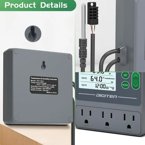 Vista 4 de Controlador de temperatura y humedad de doble sonda, sensores independientes para control preciso de temperatura y humedad, compatible