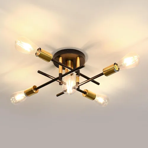 Vista 9 de UOFUS Lámpara de techo semiempotrada de 5 luces estilo casa de campo con lámpara E26 moderna lámpara de techo Sputnik negro mate y dorado