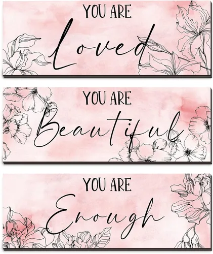 Vista 8 de Yookeer 3 Piezas de Arte de Pared Colgante de Madera Floral con Citas Inspiradoras "Eres Hermosa" Imagen para Habitación Decoración Gracias