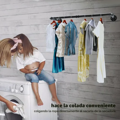 Vista 6 de Perchero industrial de tubería, resistente y desmontable, para colgar en la pared, barra de ropa rústica para ahorrar espacio, barra multiusos