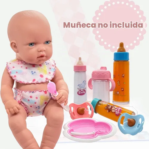 Vista 3 de Juego de 11 piezas de accesorios para muñecas de bebé, juego de 11 piezas de alimentación de muñecas con botellas de leche y jugo que desaparecen