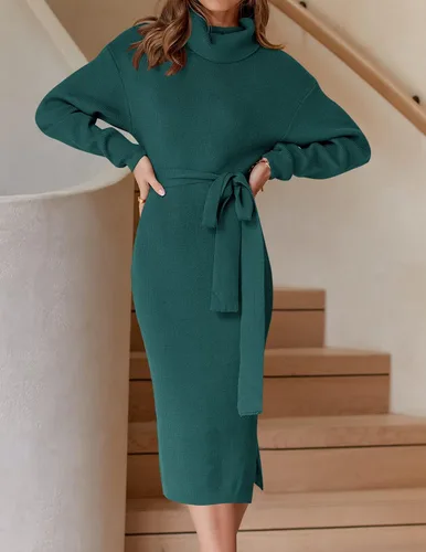 Vista 35 de ZESICA - Vestido por debajo de la rodilla de suéter, de cuello alto, para mujer, de manga larga, de punto acanalado, con abertura y cinturón