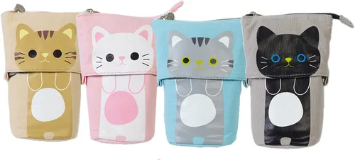 Vista 7 de iSuperb - Portalápices convertible para soporte y almacenamiento, de lona y poliuretano, con caricatura de gato adorable; cartuchera telescópica