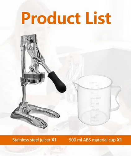 Vista 3 de Exprimidor manual profesional de mano – Exprimidor de cítricos de acero inoxidable resistente para naranja, limón y granada con base estable y taza
