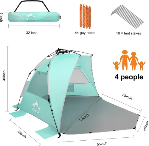 Vista 2 de Oileus - Tienda de campaña de playa XL para 4 personas, tienda de campaña portátil instantánea para playa con bolsa de transporte, estacas, 6 bolsas