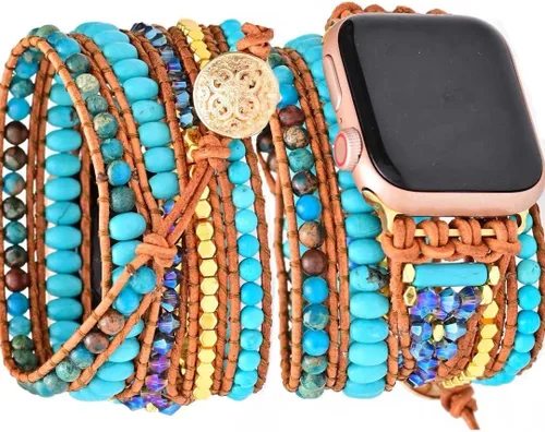 Vista 24 de Correa de reloj de cuerda trenzada con cuentas, estilo bohemio, gira 5 veces, múltiples capas, compatible con reloj Apple Watch de 45 mm, 41 mm, 44