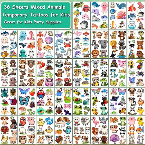 Vista 3 de CHARLENT 36 hojas de tatuajes temporales de animales para niños 232 Mixed Cute Animals Tattoo Stickers for Boys Girls Birthday Party