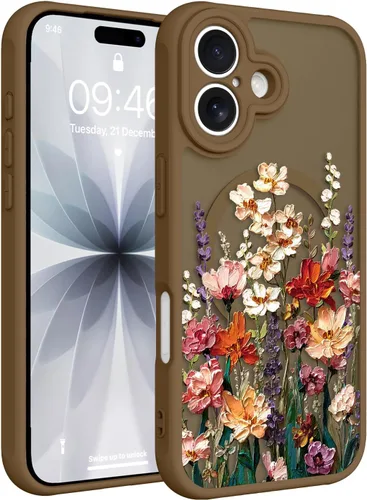 Vista 29 de Magnético para iPhone 13 con protector de pantalla [Compatible con MagSafe] Diseño de patrón floral de flores bonitas, funda delgada a prueba