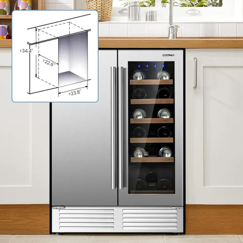 Vista 9 de COSTWAY Refrigerador de vino y bebidas, enfriador de bebidas de doble zona de 24 pulgadas con cerradura, puerta de acero inoxidable, refrigerador