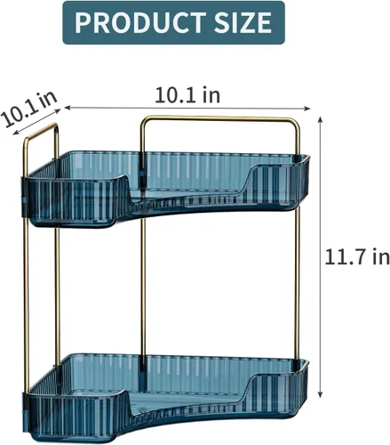 Vista 2 de Organizador de esquina para encimera de baño, estante de baño, organizador de maquillaje para tocador, bandeja de perfume para almacenamiento en Azul