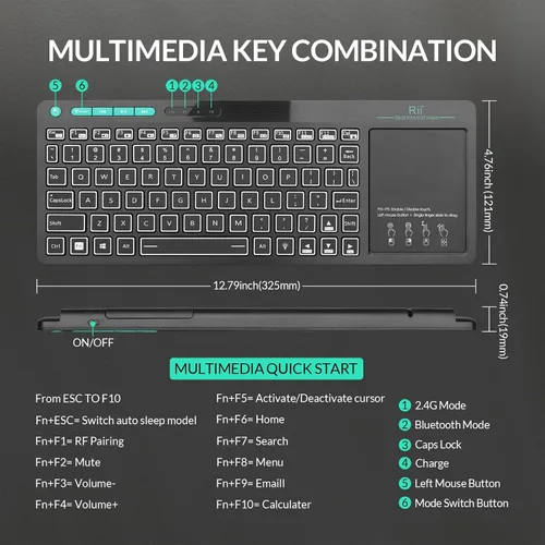 Vista 2 de Rii RT518S - Teclado multifuncional inalámbrico y Bluetooth con retroiluminación de 2 LED de color, modo dual, trackpad multitáctil de gran