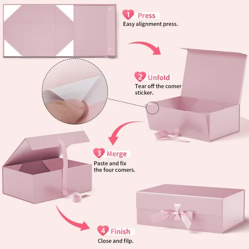 Vista 4 de GIFTHOPE Cajas de regalo rosas de alta calidad para regalos, caja de propuesta plegable para padrinos de boda con tapas, 10.2 x 7.5 x 2.95 pulgadas