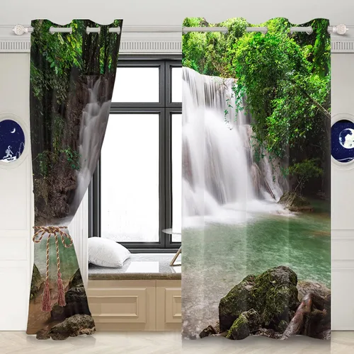 Vista 2 de Renaiss Cortinas opacas con cascada, diseño de bosque profundo, con aislamiento térmico, para dormitorio, árboles, estanques, piedras, para sala