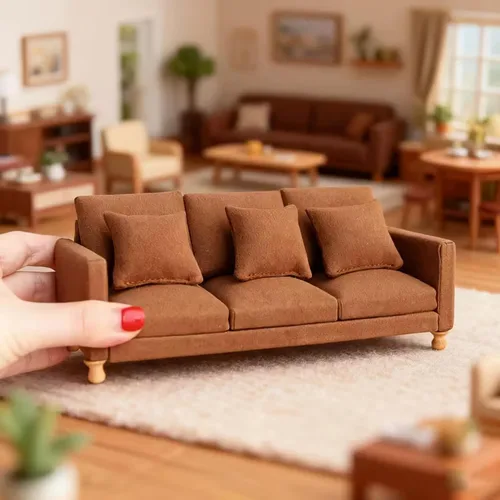Vista 7 de Sofá miniatura de gamuza a escala 1:12 y 1:8 con 3 almohadas, mini sofá beige para muñecas de 5 a 9 pulgadas, muebles de casa de muñecas, decoración