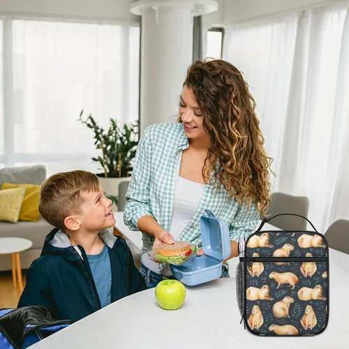 Vista 7 de Capybara - Lonchera con diseño de hojas para niños y niñas, lonchera reutilizable con bolsillo lateral, lonchera para niñas y adolescentes, bolsa