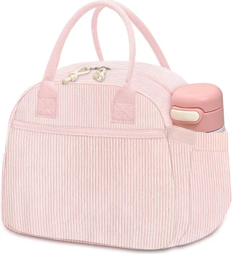 Vista 11 de Carry bloom Lonchera para mujer, lonchera aislada, bonita lonchera de pana reutilizable para el trabajo (1 rayas blancas y negras)