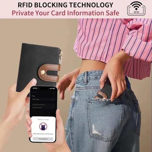 Vista 3 de RNIEGA Billeteras pequeñas para mujer, de cuero, plegable, con bloqueo RFID, tarjetero compacto con bolsillo para monedas con cremallera