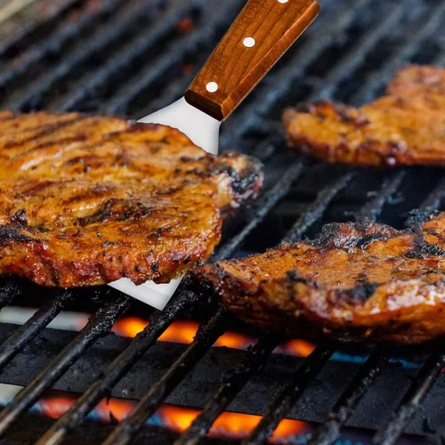 Vista 4 de Rascadores de parrilla de acero inoxidable prémium con borde inclinado, mango de madera para cocinar barbacoas, paquete de 2