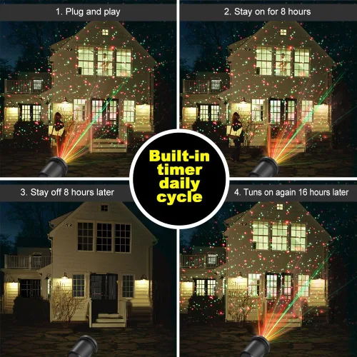 Vista 3 de Proyector de luz láser de Navidad, luces láser de estrellas rojas y verdes, espectáculo con temporizador para decoraciones al aire libre