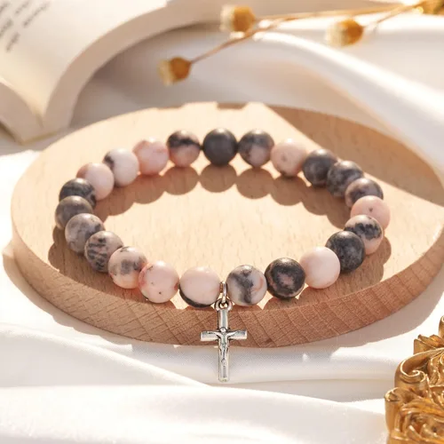 Vista 3 de Dabem Regalos cristianos, pulsera de cruz de piedra natural, regalos religiosos inspiradores de Pascua para mujeres, hombres, adolescentes y niñas