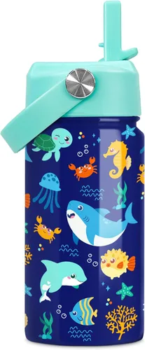 Vista 18 de SANDJEST Botella de agua para niños con tapa con pajilla, botellas de agua de acero inoxidable con aislamiento del alfabeto de 12 onzas para niños