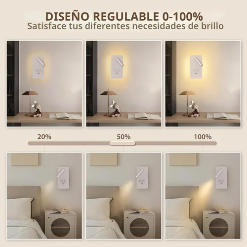 Vista 3 de M04 - Apliques regulables para montaje en pared, luz de lectura, lámpara de noche con puerto USB, enchufable, lámparas de pared con cable duro