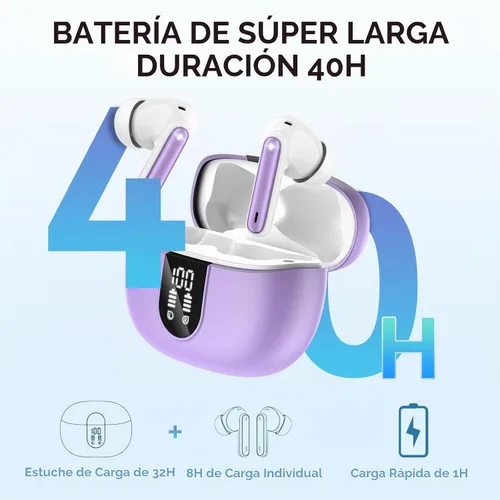 Vista 2 de Auriculares inalámbricos, auriculares Bluetooth 5.3, 40 horas de reproducción, estéreo de graves profundos, pantalla de alimentación LED Púrpura