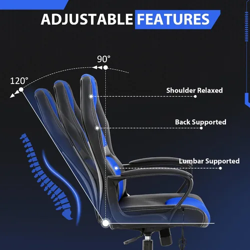 Vista 4 de Massage Gaming Chair – Ergonomic Office Desk Chair with Recline Function, PU Leather & Breathable Design, Lumbar Pillow, Adjustable Height, 360° Blue