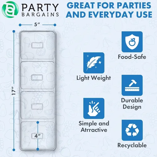 Vista 3 de Party Bargains Bandeja rectangular seccional desechable transparente (paquete de 4) 5 x 16 pulgadas. Bandeja de plástico con 4 compartimentos