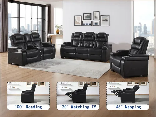 Vista 6 de THSUPER Juego de sofás reclinables de cuero transpirable con potencia con luz LED, asientos reclinables de cine en casa con reposacabezas