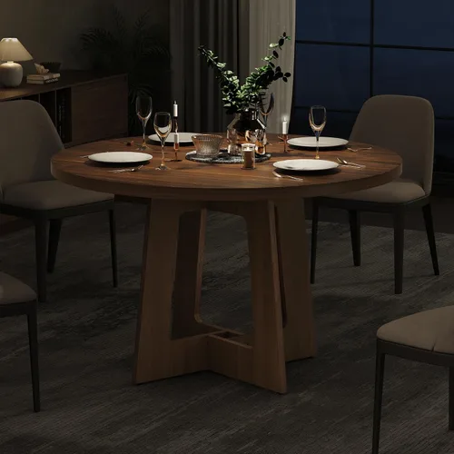 Vista 5 de Mesa de comedor redonda para 4, mesa de comedor de madera, mesa de cocina circular para el hogar, comedor, cocina, sala de estar (marrón nogal)