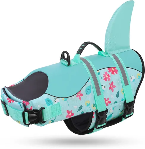 Vista 26 de Queenmore Chaleco Salvavidas para Perros Tiburón, Chaleco de Natación de Alta Flotabilidad, Chalecos Salvavidas para Perros Ajustables y Fáciles