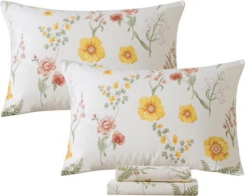 Vista 10 de FADFAY Juego de sábanas de percal de algodón cepillado con bolsillo profundo, sábana bajera ajustable de lujo con estampado floral de caléndula