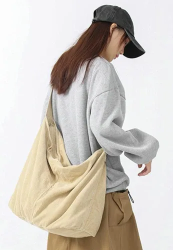 Vista 6 de Bolso Hobo para mujeres y hombres, bolso de hombro de pana de gran capacidad, bolso cruzado minimalista de viaje
