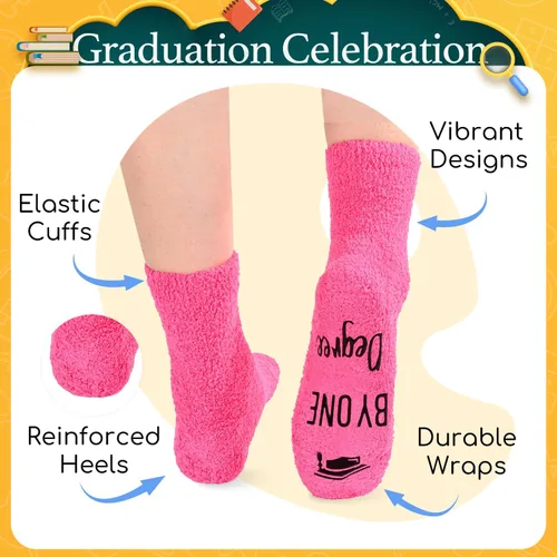 Vista 3 de Graduation Reading Gifts for Women - Book Graduation Teacher Socks for Her Fuzzy Degree Graduación Rosa Oscuro