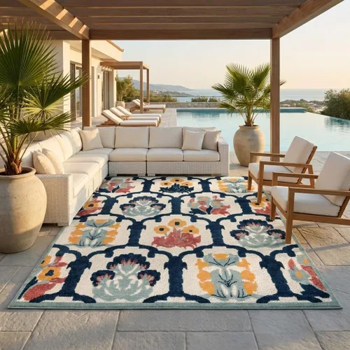 Vista 7 de Unique Loom Belize Outdoor Collection - Alfombra rectangular de 2 x 3 pies 1 pulgada, color marfil y azul marino