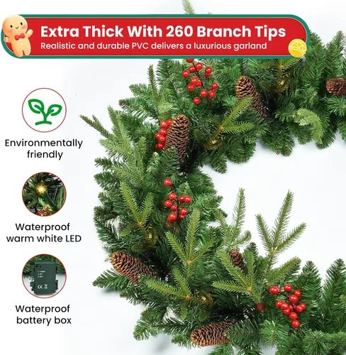 Vista 4 de [Usado] Guirnalda de Navidad, Guirnalda de Navidad Preencendida de 9 pies con Luces, Funciona con Baterías con Piñas y Bayas Rojas, Vegetación