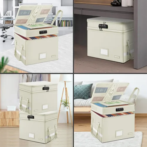 Vista 3 de Caja de archivos DocSafe con cerradura, caja de documentos ignífuga de múltiples capas, organizador de almacenamiento de archivos plegable con Beige