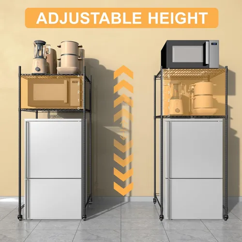 Vista 5 de Mini estante para nevera, mini refrigerador y soporte para microondas Altura ajustable, ruedas universales de 360°, ahorro de espacio