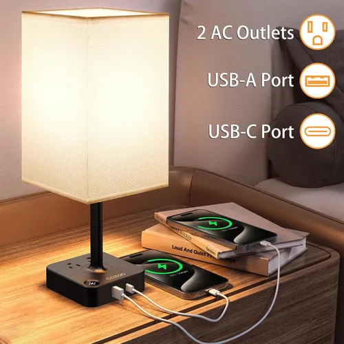 Vista 2 de cozoo Lámpara de mesa de noche con 3 niveles de brillo, lámpara de mesa regulable con puertos de carga USB C+A, 2 salidas de CA, lámpara de mesita