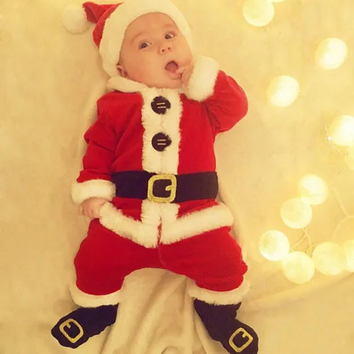 Vista 3 de 4 piezas de ropa polar para bebé, para Navidad, Papá Noel, abrigo, pantalones, sombrero, ropa de Año Nuevo